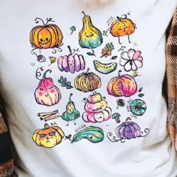 Colorful Pumpkin Gourd Fall Graphic Tee - L - Picture 2 of 3